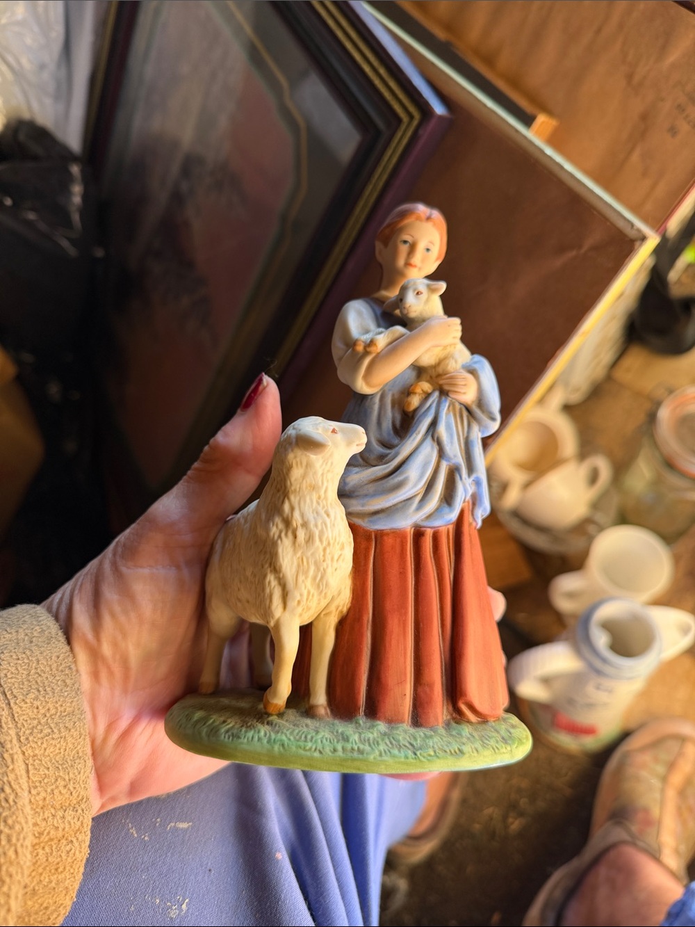 Vintage Hand-Painted Shepherdess Figurine in Blue and Rust